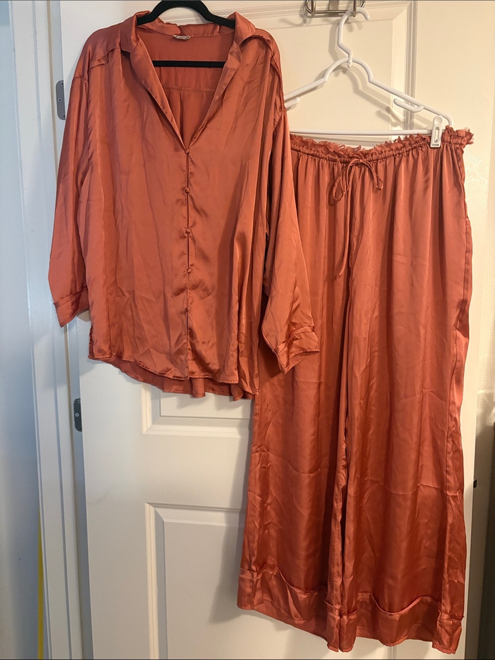 Free People Intimately Satin Relaxed Two-Piece Pajama Set in Burnt Rust